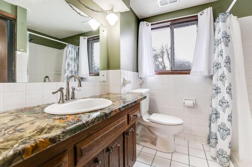 Lower level bath has a walk-in shower and tons of counter space.
