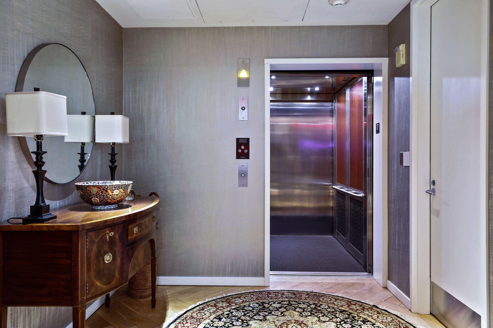 The private, secured elevator is reserved exclusively for the owners of only a small number of residences in the building. Easy access to this elevator from four parking stalls, amenities, and a large private storage room.