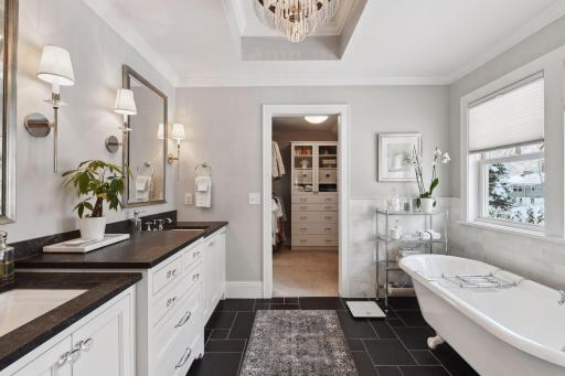 Master bath with 2 sinks and clawfoot tub
