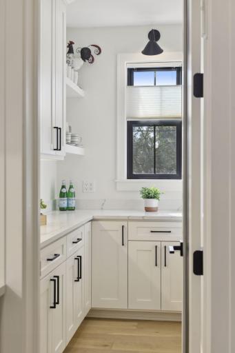 Walk-in butlers pantry with custom cabinets and quartz countertops.