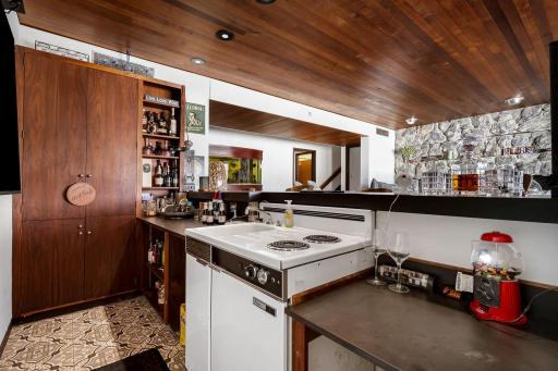 The lower-level family room is set up for entertainment, featuring a full bar/kitchenette and a stone fireplace.
