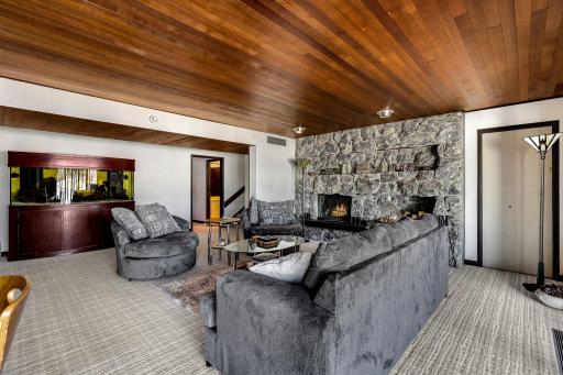 The lower-level family room is set up for entertainment, featuring a full bar/kitchenette and a stone fireplace.