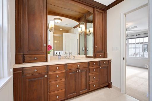 primary 3/4 bath with custom mahogany vanity