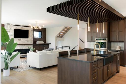 Custom Slated Wood Ceiling Over the Center Island