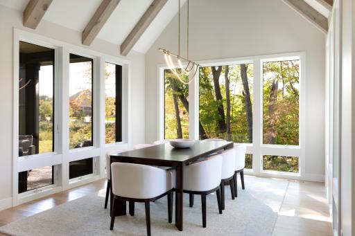 Dining Room w/Vaulted White Oak Beams (& again with the amazing lighting!)