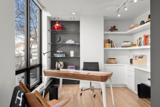 Main level home office with custom built-ins at 301 Kenwood, The Townhouse