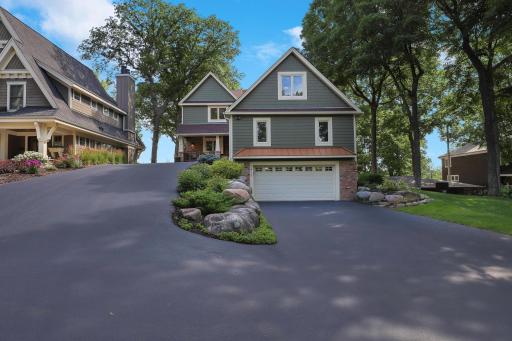 Split driveway for access to the two garages.