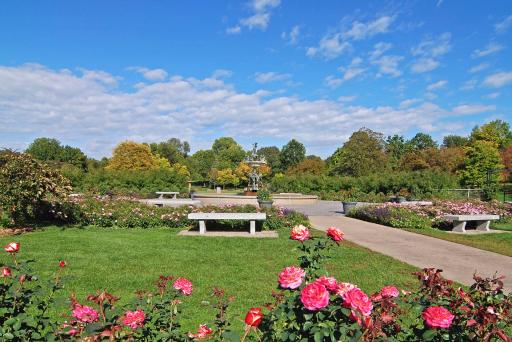 A stroll through the Rose Garden is Just steps away
