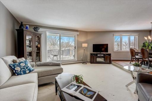 Spacious living room featuring plush carpet and access to the large balcony.