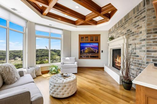 Warm cozy hearth room with amazing views (ski jump in background)