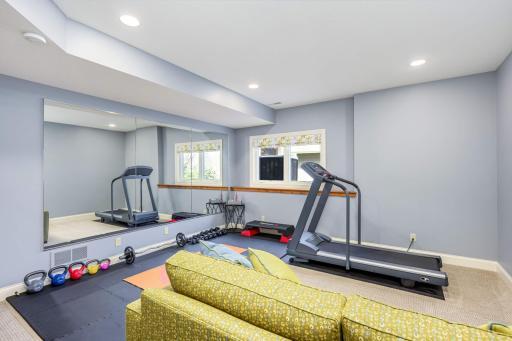 Work out at home in the lower-level gym/workout area. Mirror and daylight windows offer an inviting space. Don't miss the generous-sized closet with custom shelving.