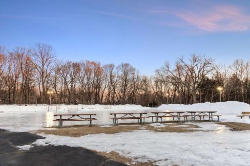 Winter pick up hockey games and ice skating gatherings ..while summer offers a playground, picnic tables and perfect park setting