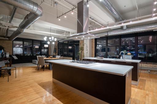 Dual kitchen islands, high end appliances, Penthouse Loft