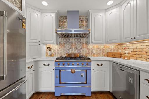 French La Cornue stove, surrounded by antique French cement tiles!