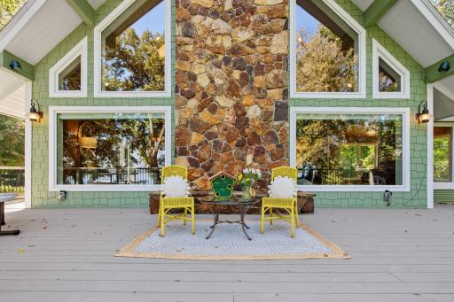 Close up on main house deck, chimney houses a new gas insert and new rebuilt surround.