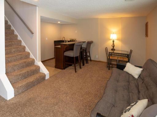 The walk-out lower level family room comes complete with a wet bar