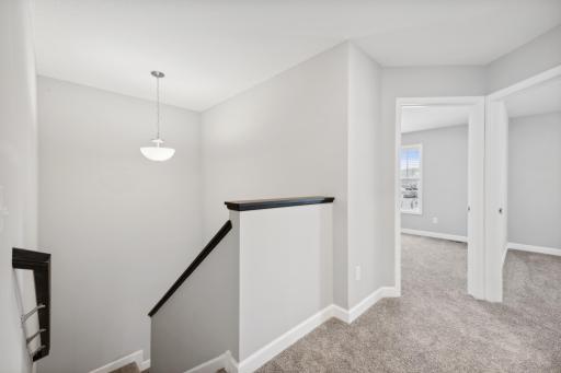 Upstairs hallway connecting the 3 bedrooms. Photos not of actual home. Actual home will be similar floorplan; some colors and features may vary.