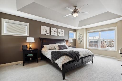 Spacious primary suite with a tray ceiling and lots of light.