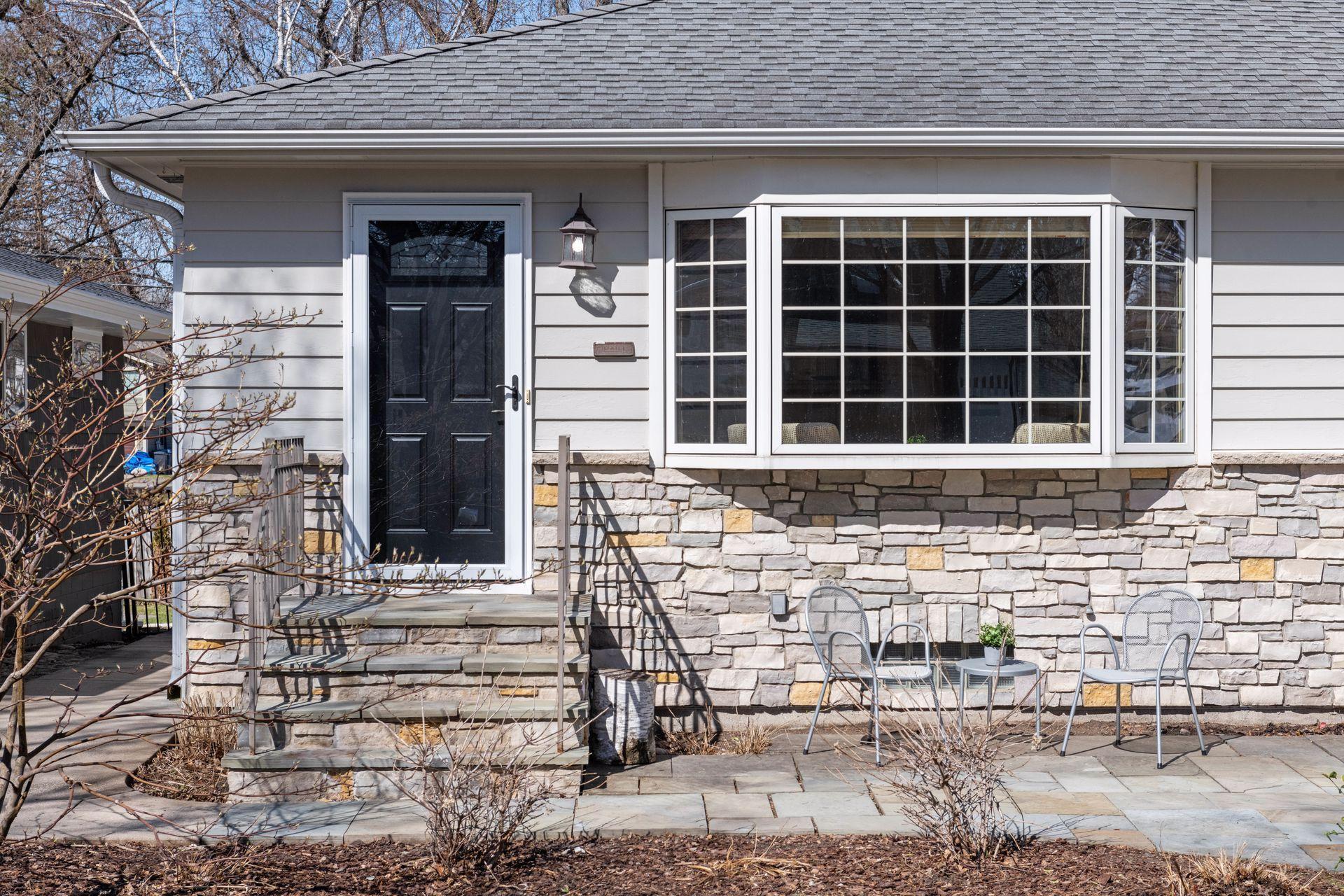 Blue slate patio and stairs.