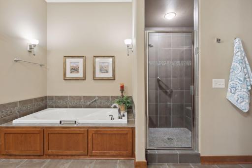 Owner's soaking tub and large ceramic walk-in shower.