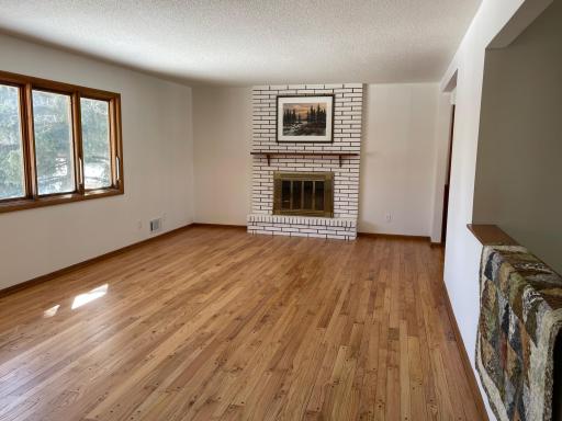 Wood fireplace and south facing windows in living room. Pristine hardwood floors !