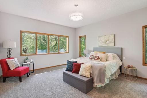 Large Primary Bedroom with New Light Fixture and Big Windows - Watch Deer, Squirrels, Birds and more from here and everywhere in the home