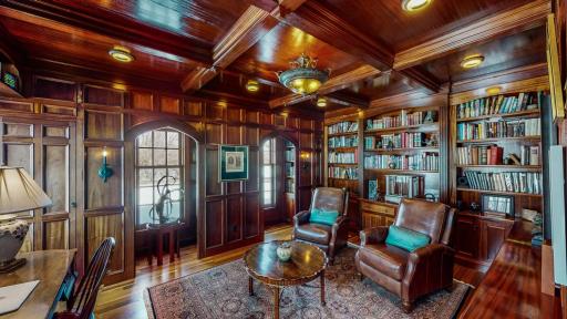 Library/Study with Beautiful Spotted Gum Flooring, Mahogany Wood and Coffered Ceilings. Just Gorgeous!