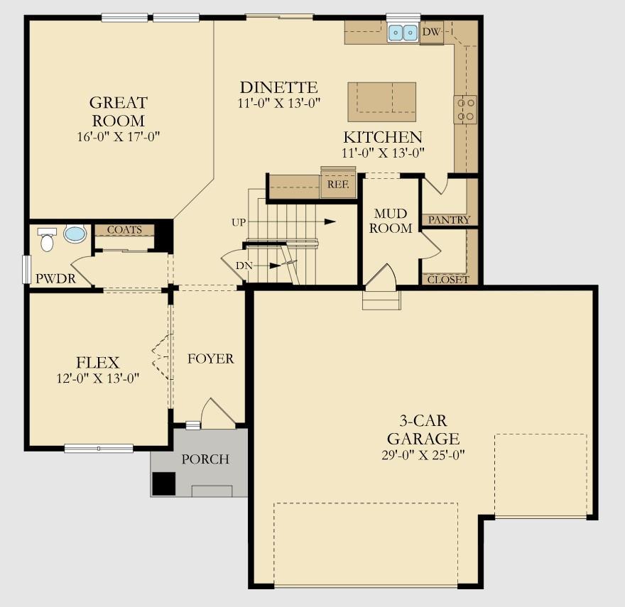 We've added french doors to the main floor flex room for added privacy. There's also a large great room, dining area, and kitchen with much desired countertop space. The large island seats at least four!