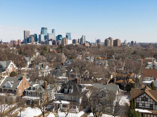Aerial view of home showing proximity to downtown.