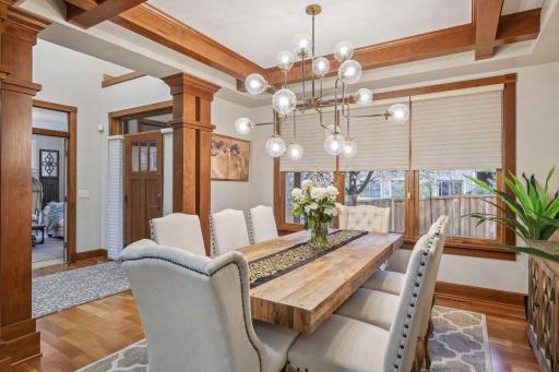 Formal Dining w/ RH Chandelier and Large Wood Beams