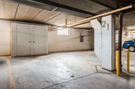 Your heated, underground parking spot (#21) comes with a custom built storage cabinet.