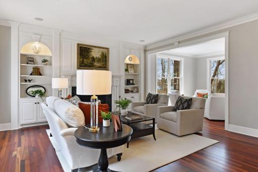 The formal living room provides a more intimate spot for quiet conversation in front of the fire