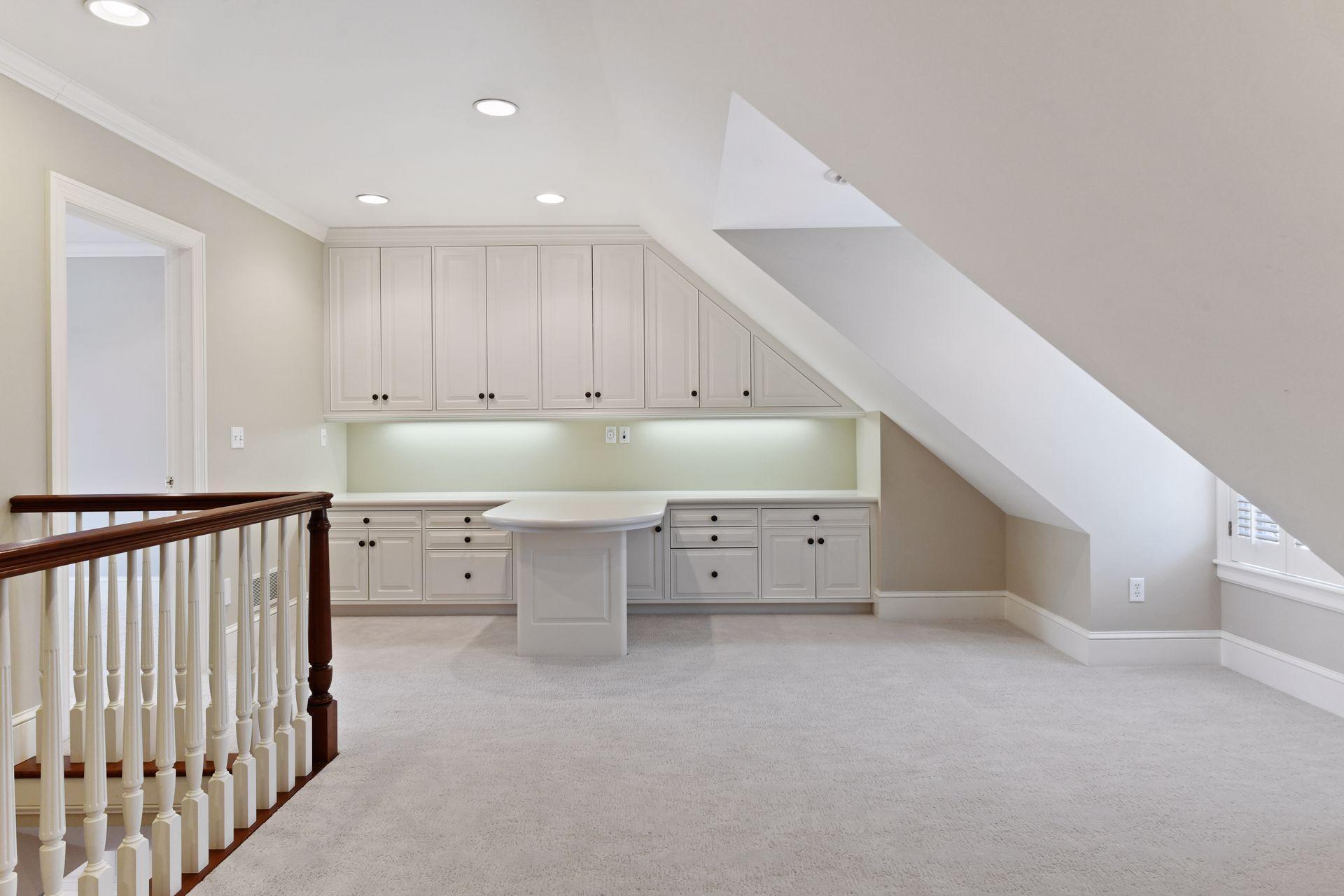 A built-in desk at theupper landing is ideal for a quiet homework space