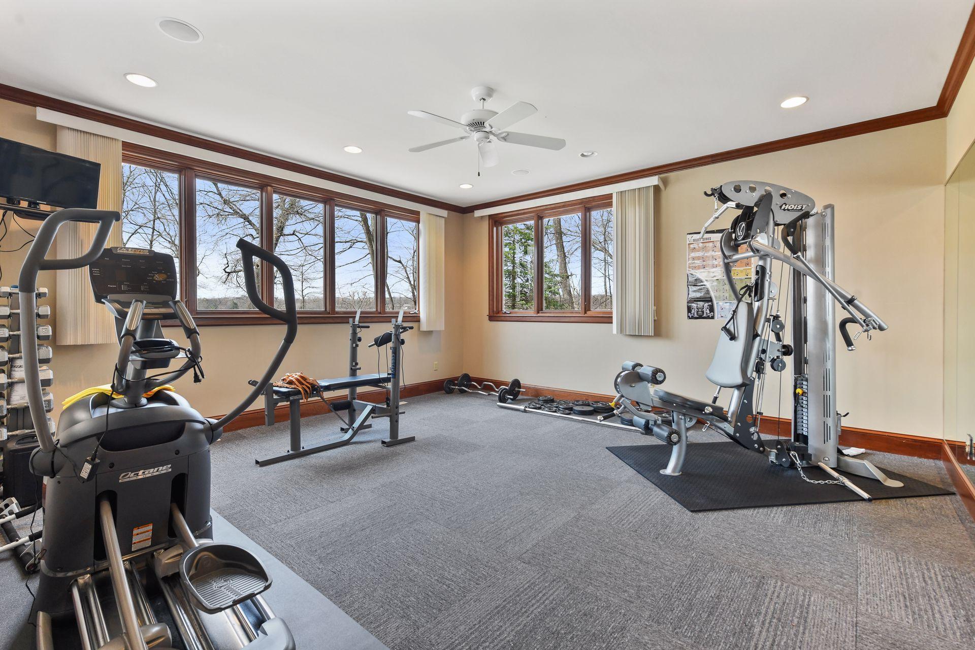 Natural light and views of the lake makes the workout session go by faster