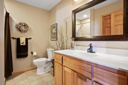Lower level 3/4 bathroom with tile walk in shower