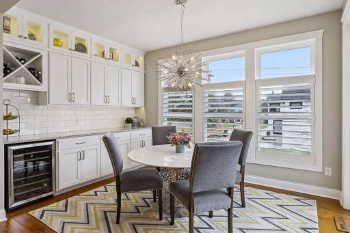 Expansive buffet with wine rack and beverage refrigerator makes entertaining a breeze