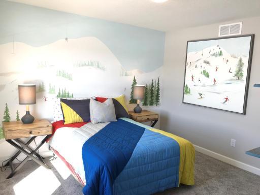 You will fall in love with the hand painted mural and matching wall art. Finishes will vary.