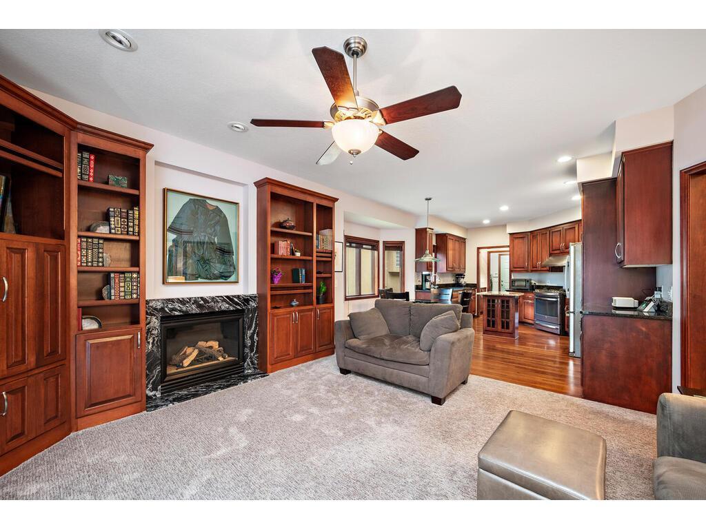 Gas fireplace keeps you warm in the winter and ceiling fan cool in the summer