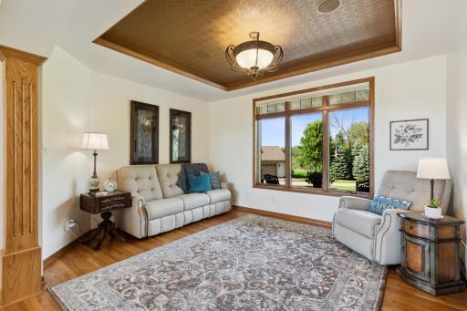 The large three sash windows with transom lets natural light flow into the home. When you are ready for privacy, pull the top down & bottom up honeycomb blinds.