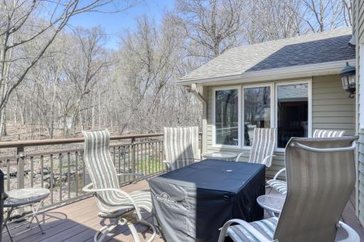 Backyard deck with great views of the woods, creek, and pond.
