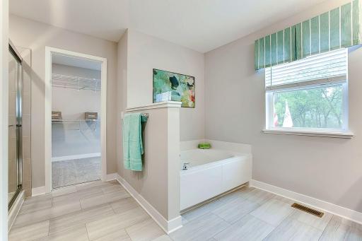 Primary bath includes a large soaking tub, separate tiled shower, large walk-in closet and dual vanity with quartz countertops and more!