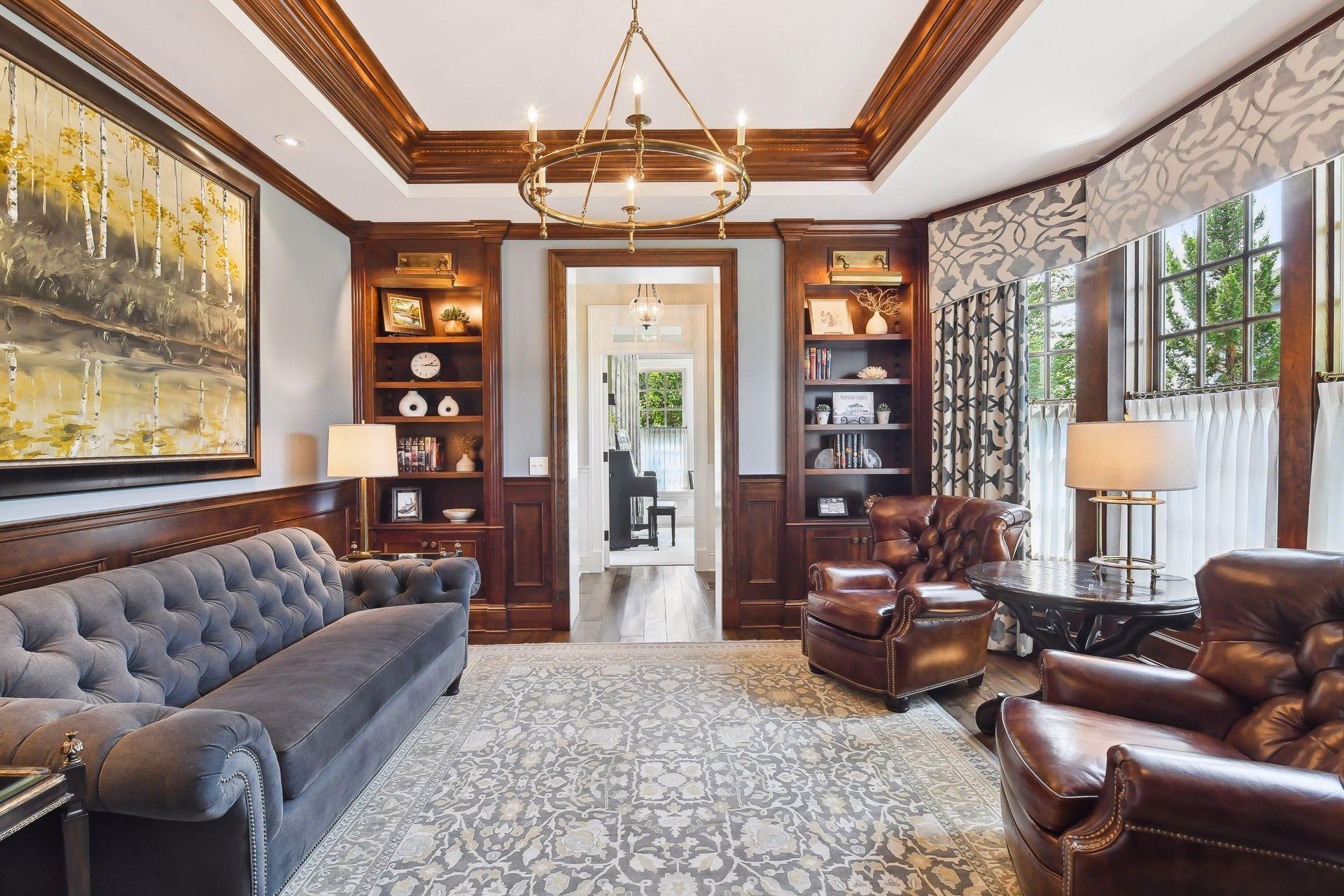 Curl up with your favorite book in the Library which features four built-in cherry bookcases accented with display lighting.