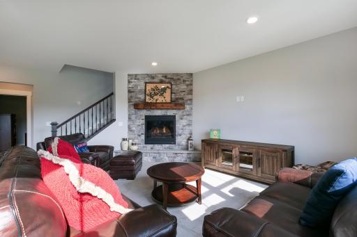Lower-level living room with handsome stone gas burning fireplace and plenty of natural light.