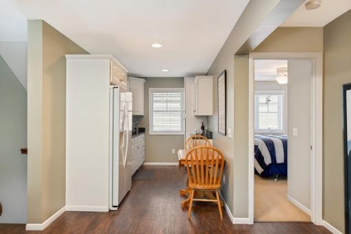 Next to the loft is this kitchenette complete with cabinets and refrigerator. Perfect space for your guests/kids to get up, drink coffee and have a bowl of cereal or oatmeal.