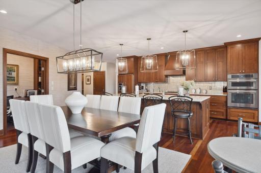 The spacious dining area offers plenty of space for a large table