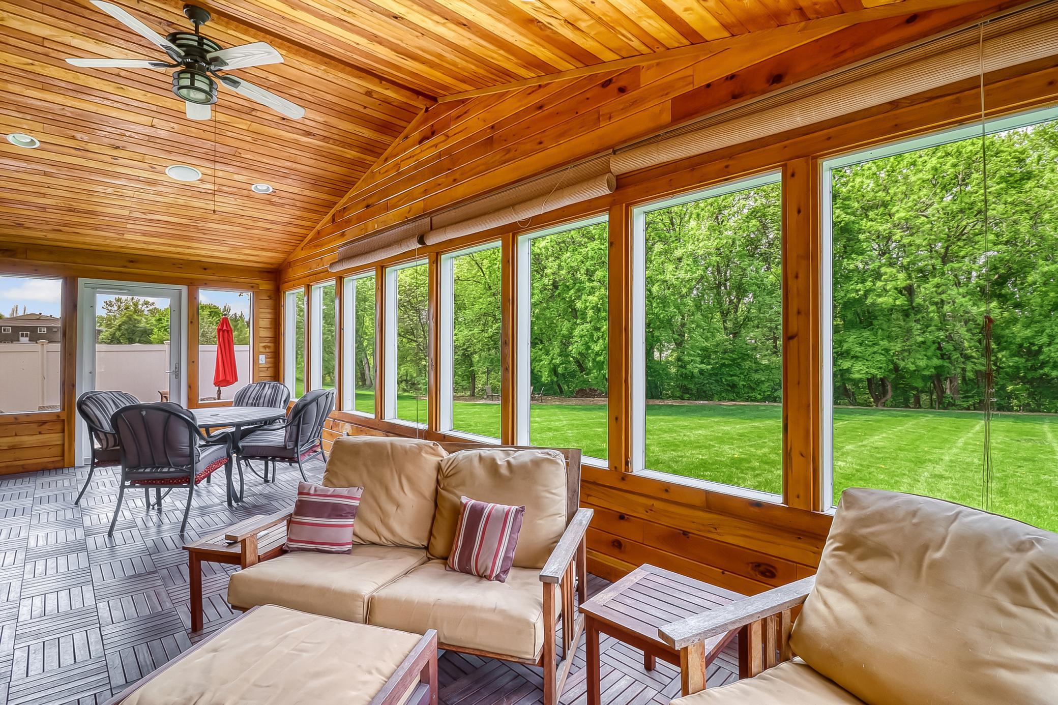 Sunroom
Screened porch has self-tightening pressure fitted external covers that can be gently pried off to replace an individual screen.