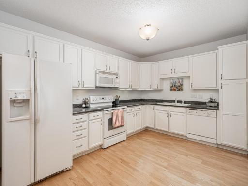 Large kitchen with plenty of storage and quartz counters.