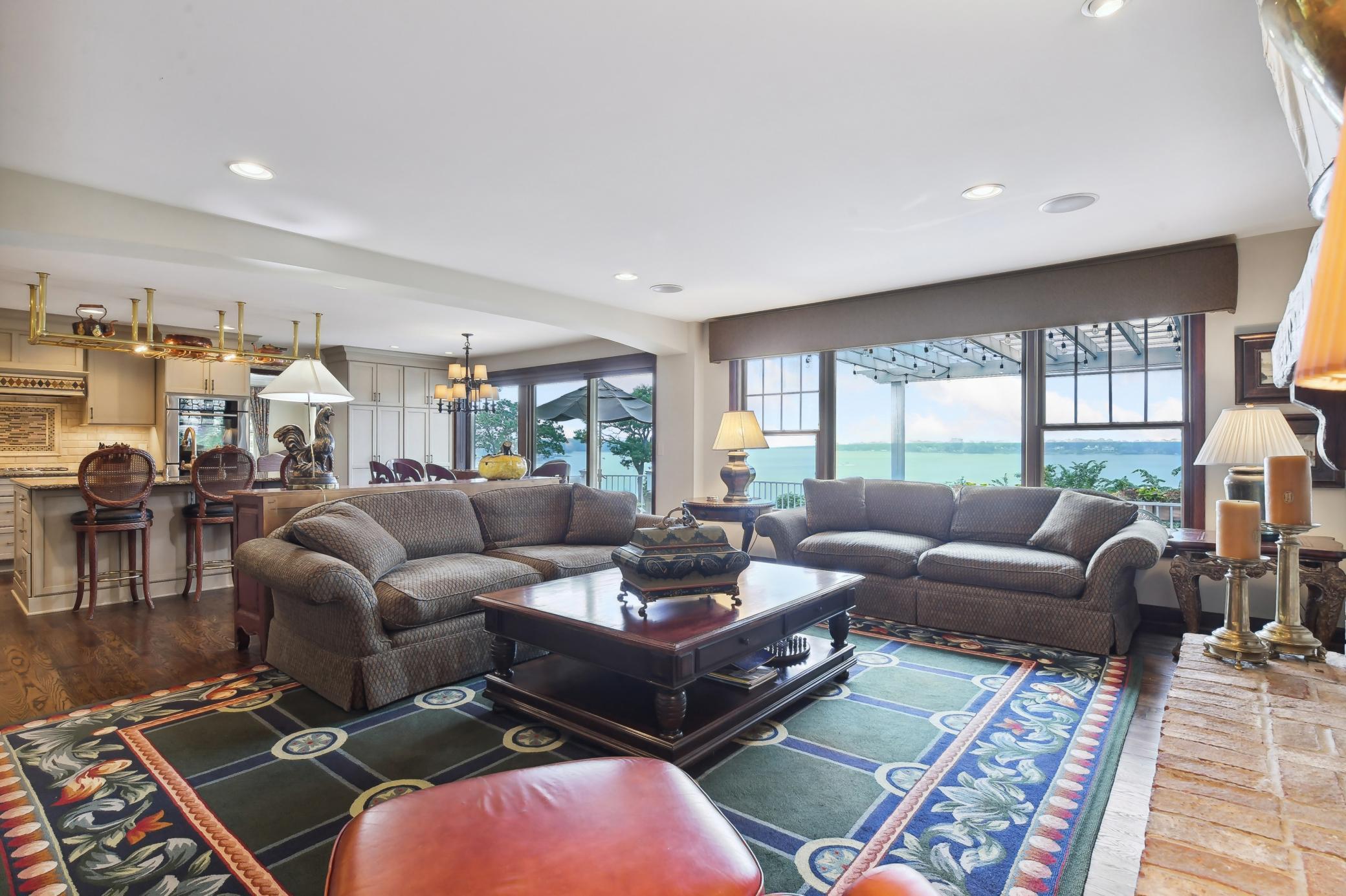 The main gathering area is as expansive as the serene lake views that fill it.