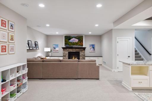 Lower level family room and fireplace with built-ins