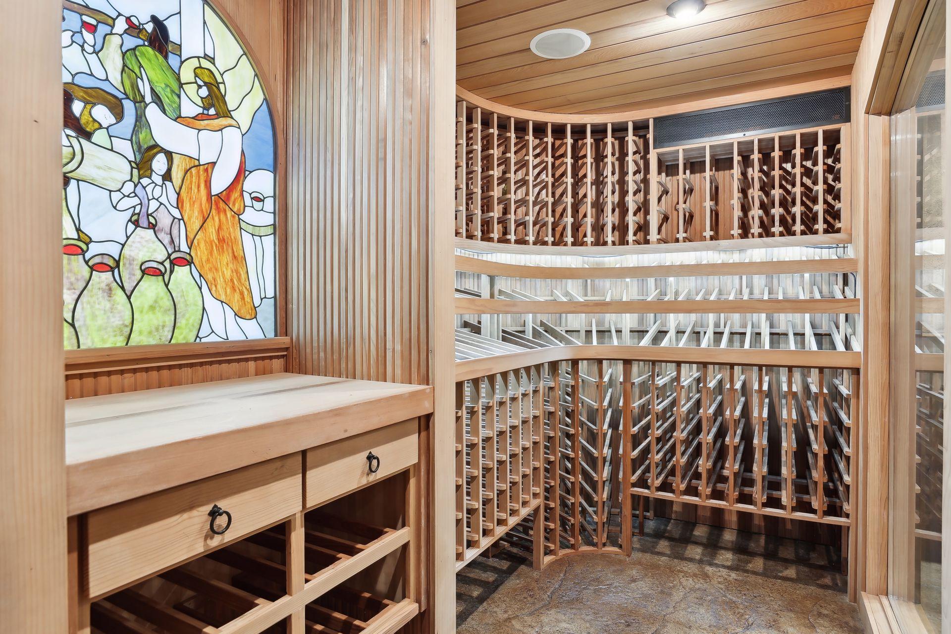 Stained glass mural in the show wine cellar